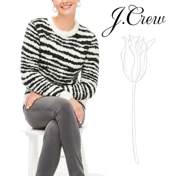 J. Crew Boucle Zebra Pullover Animal Ivory Black Crew Neck Sweater - Picture 1 of 12